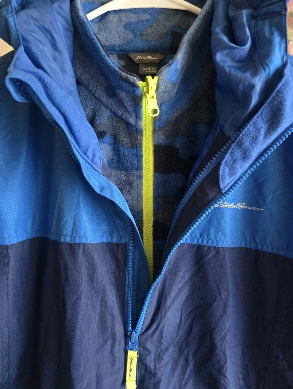 Eddie Bauer Kids XL 16 Blue Camo Fleece Waterproof Hooded Jacket Duo NWOTs